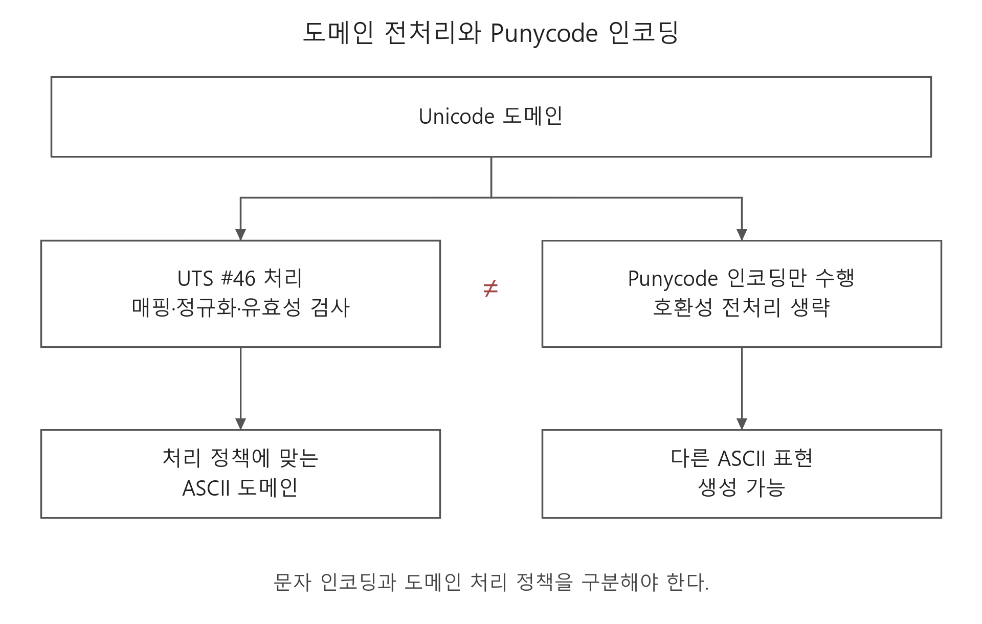 UTS 46의 매핑 정규화 유효성 검사를 거친 도메인과 Punycode 인코딩만 적용한 표현이 달라질 수 있는 과정