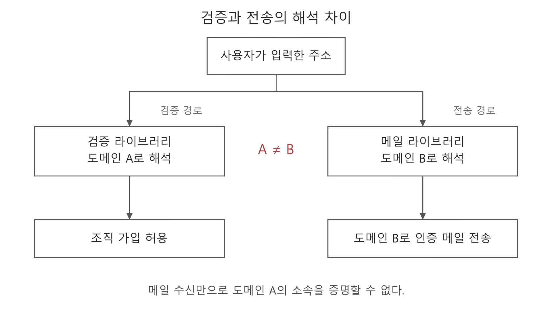 동일한 입력을 검증 라이브러리는 도메인 A, 메일 라이브러리는 도메인 B로 해석하는 흐름